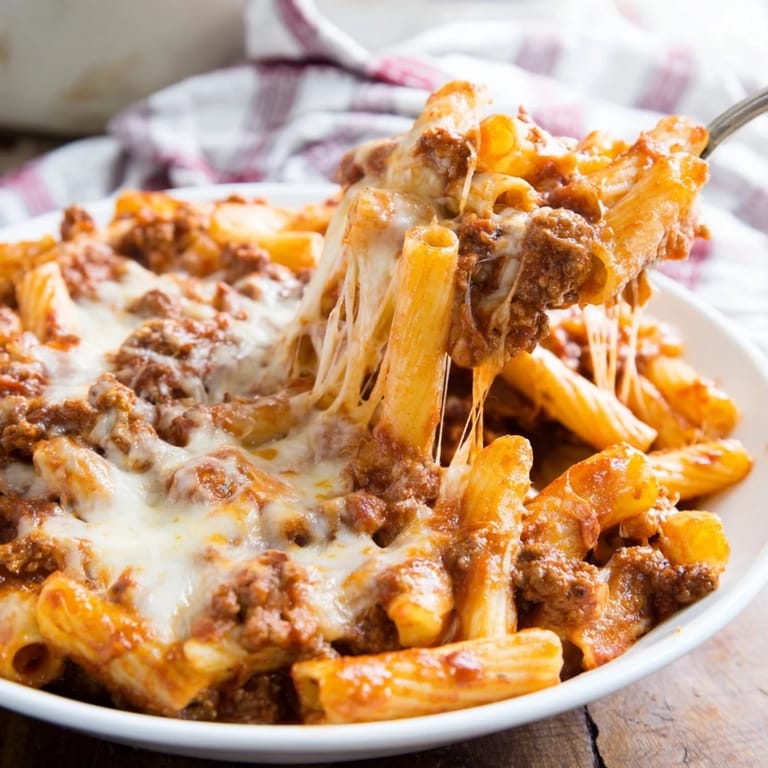 A close-up of a steaming Cheesy Beef & Penne Bake, showcasing the rich tomato sauce and tender pasta.