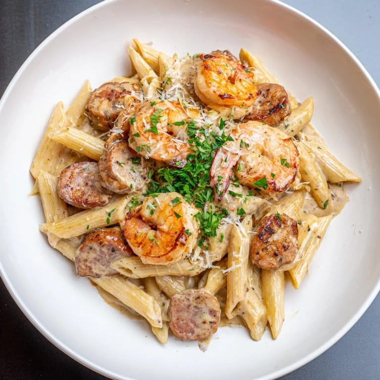 Enjoy the flavors of juicy shrimp and sausage in this simple Cajun Sausage & Shrimp Alfredo Skillet.
