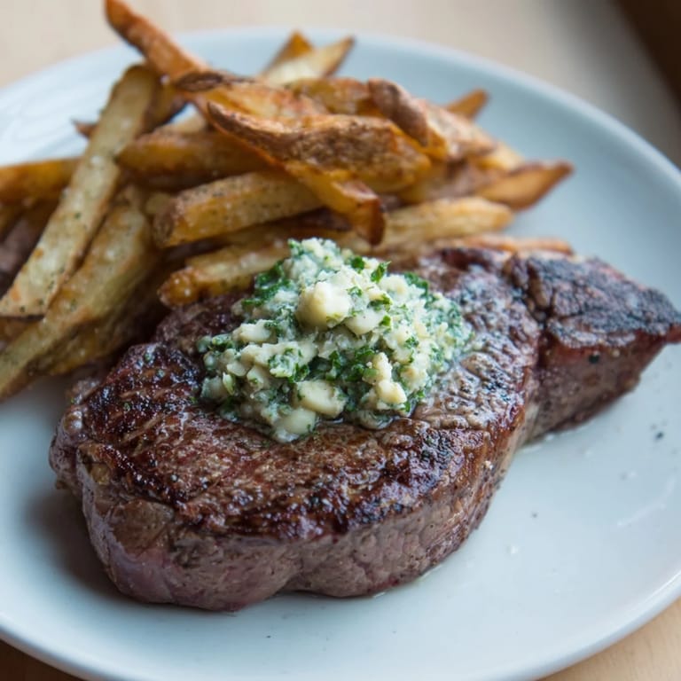 Close-up of a juicy Steak and fries, perfect for a special meal, topped with herb butter.