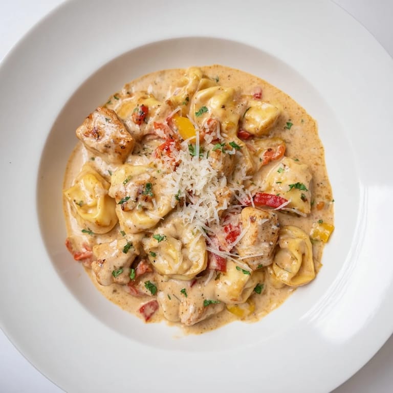 Rich, cheesy Zesty Cajun Garlic Parmesan Chicken Tortellini, ready to eat, with fresh parsley garnish.