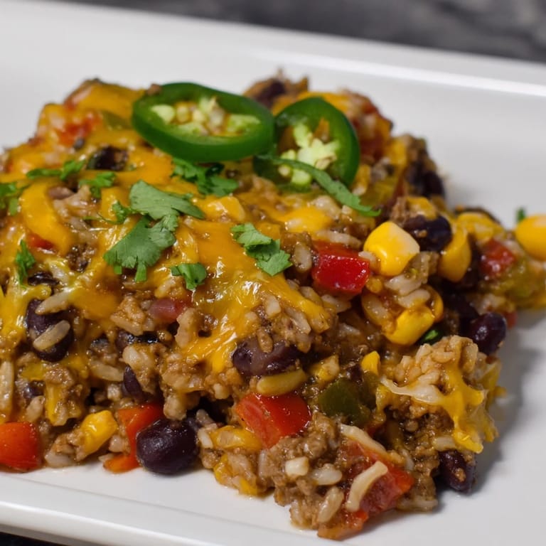 Golden-brown Tex-Mex Beef & Rice Casserole, served with fresh garnishes, ready for a comforting meal.