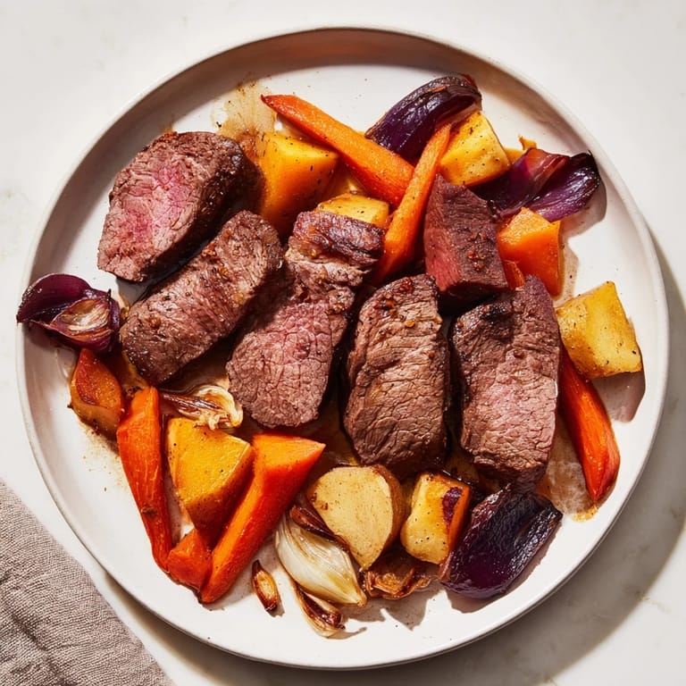 A close-up of a juicy Sunday Pot Roast with a colorful medley of roasted carrots and potatoes.
