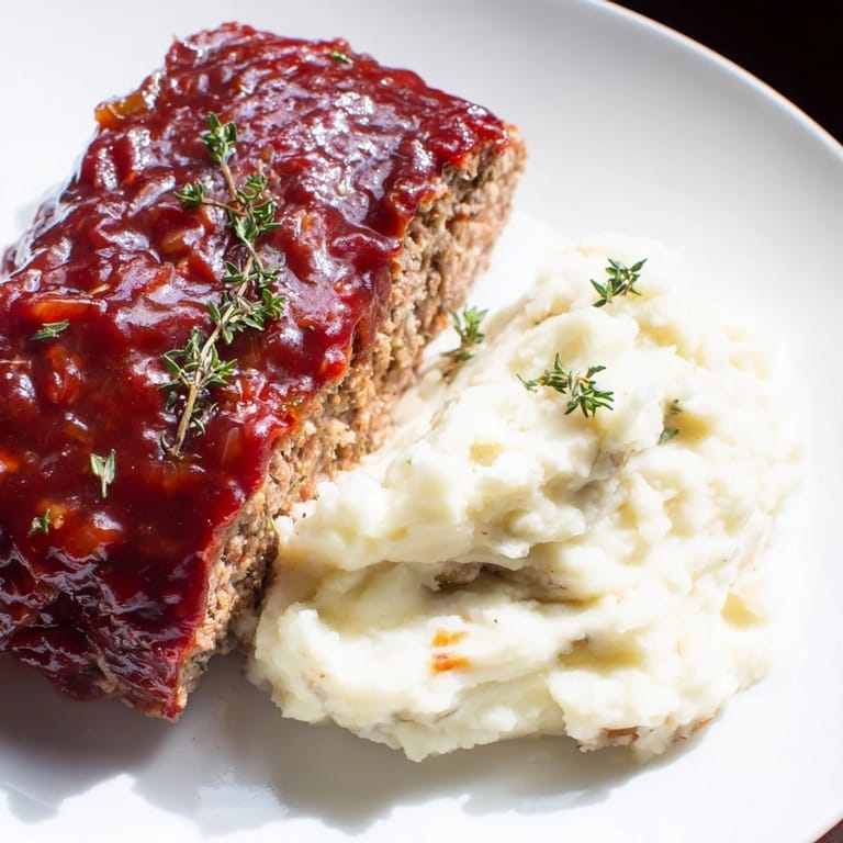 Hearty slices of Classic Meatloaf & Mashed Potatoes, a family favorite, garnished with fresh herbs and ready to eat.