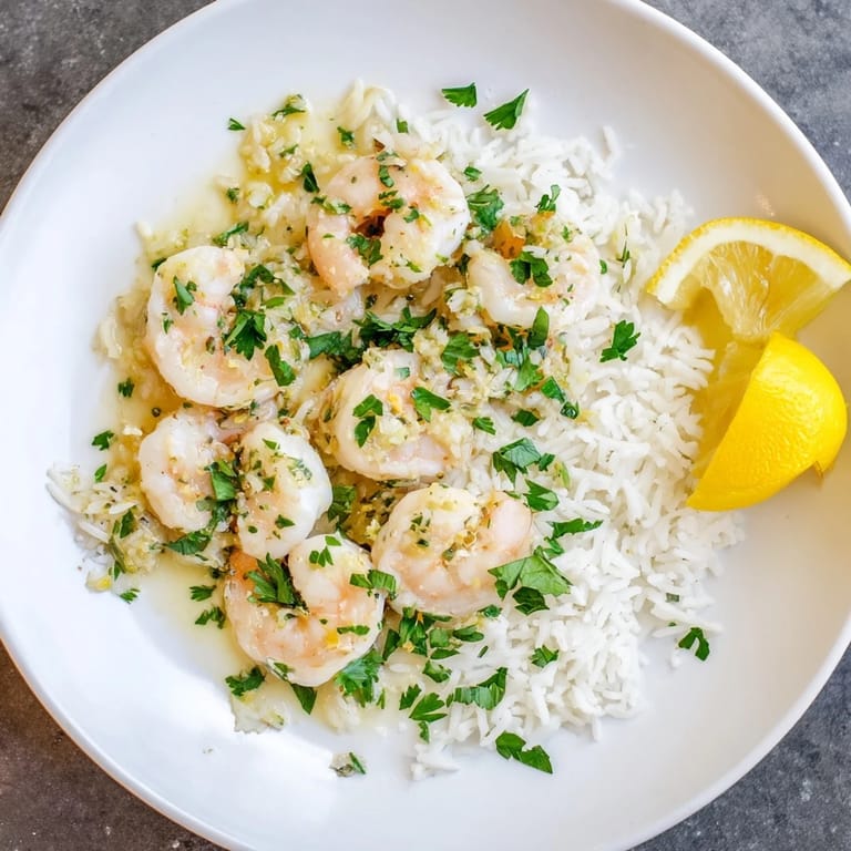 Aromatic garlic butter coats plump shrimp in this easy, flavorful shrimp rice bowl recipe.