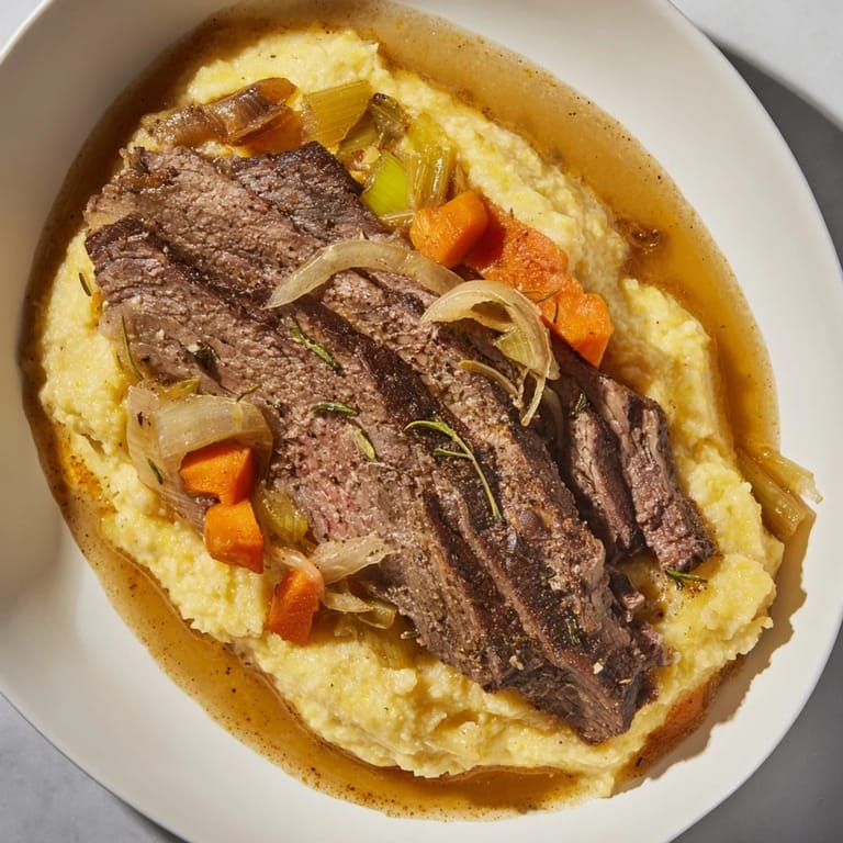 Close-up of juicy, slow-cooked brisket beside creamy sweet potatoes, a delightful American classic.