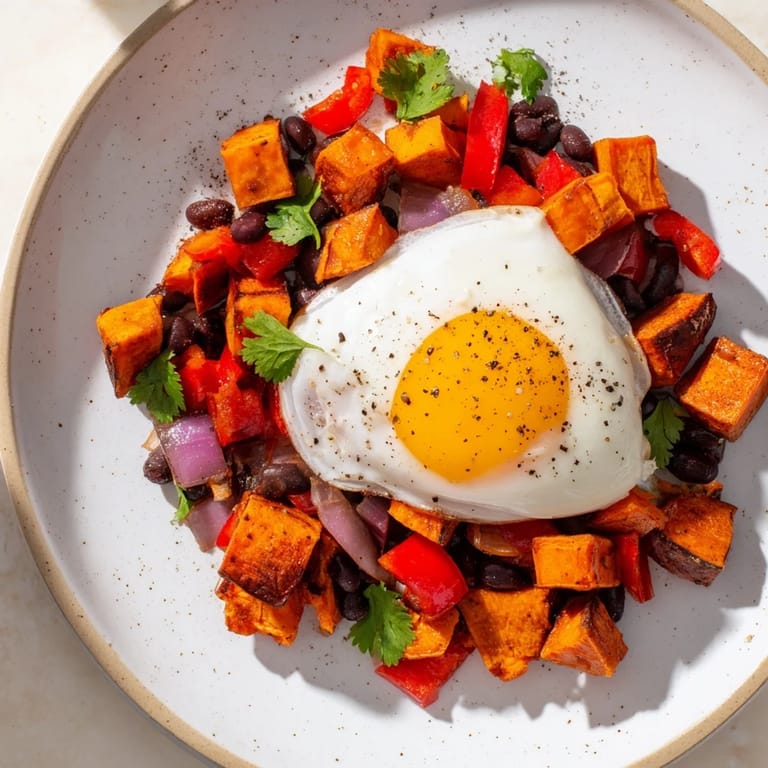 This delicious Sweet Potato & Black Bean Breakfast Hash offers steaming flavors and is ready to enjoy.