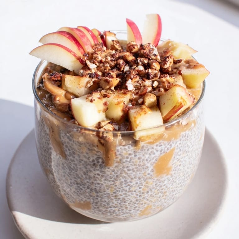 A close-up of Apple-Chia Pudding with peanut butter, beautifully layered and ready to enjoy.
