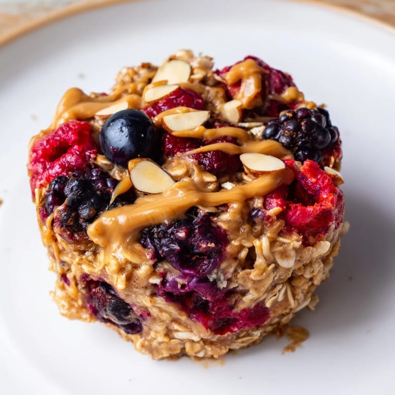 Warm Baked Oatmeal Cups with almond butter drizzle, packed with fresh berries, perfect for a grab-and-go meal.