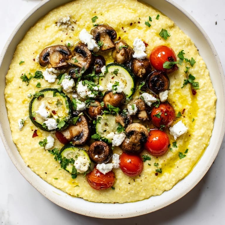 A close-up of a Cornmeal Mush Polenta Bowl, loaded with sautéed mushrooms and a fried egg on top.