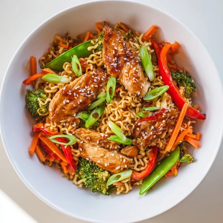 This image shows a sheet-pan crispy ramen, featuring chicken, vegetables, and sesame seeds.