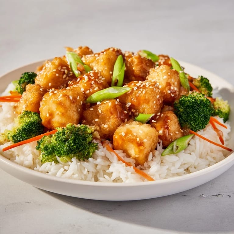 A close-up of steaming Sesame Tofu & Broccoli, boasting a rich, savory sauce over fluffy rice.