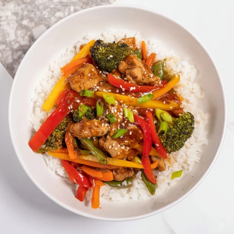 A close-up of a sizzling chicken stir-fry with perfectly cooked rice making a fantastic, healthy meal.