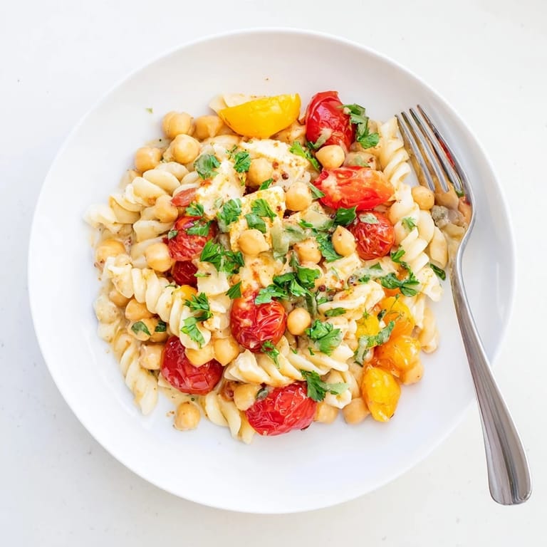 Creamy baked feta with chickpeas and sweet tomatoes, a vibrant main dish over fluffy rice or pasta.