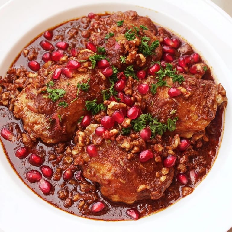 Velvety Pomegranate Walnut Fesenjan Stew, garnished with pomegranate seeds, ready to be served over rice.