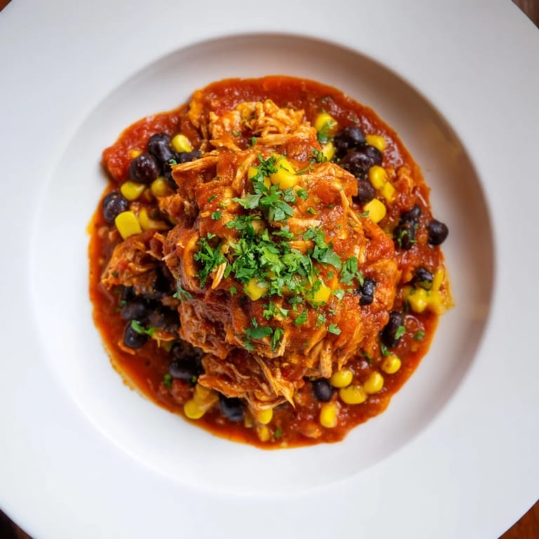 Vibrant slow cooker salsa chicken, with corn and beans, is perfect for a satisfying taco night meal.