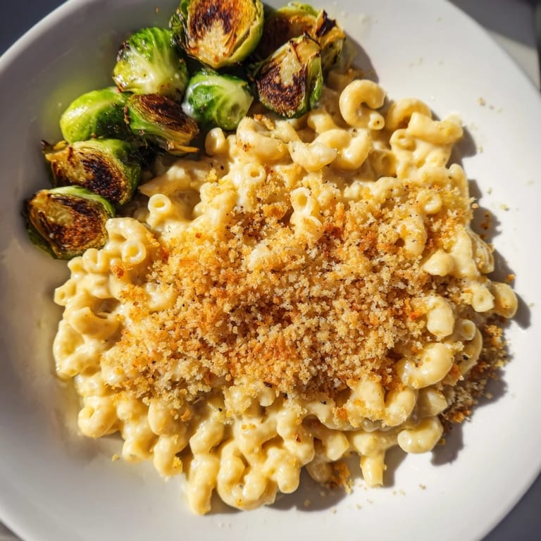 This sheet pan mac and cheese includes tender pasta and roasted Brussels sprouts, a perfect comforting dinner.