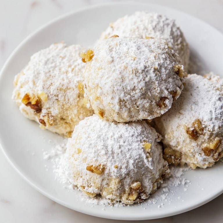 Perfect dessert: Close-up of snowy Budget-Friendly Snowball Cookies, dusted with extra powdered sugar.