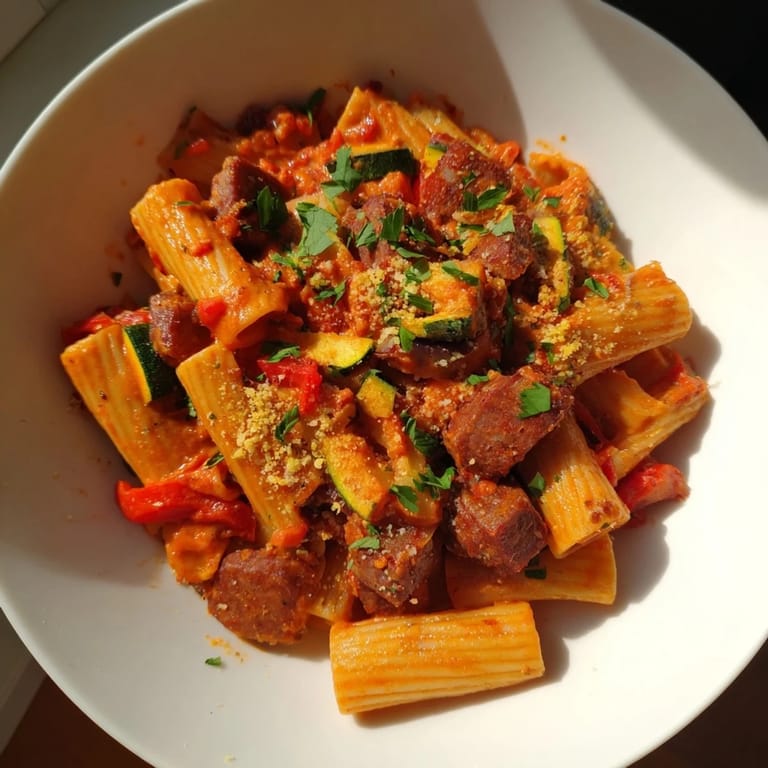 A flavorful Spicy Vegan Chorizo Baked Pasta, creamy and tomato-based, is ready for serving on a plate.