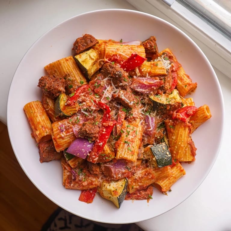 Golden-brown, bubbly Spicy Vegan Chorizo Baked Pasta, fresh from the oven, offering a savory aroma.
