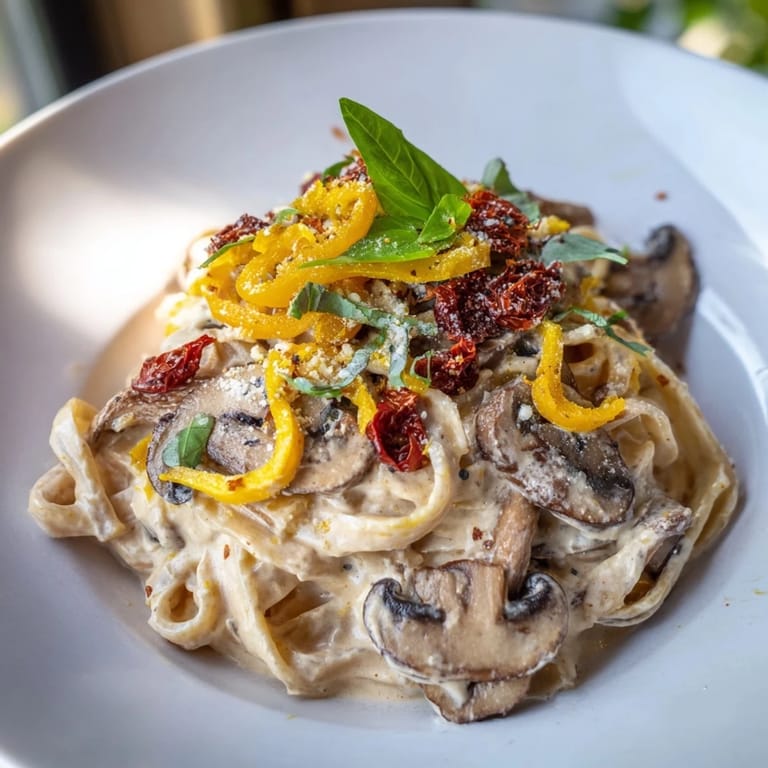 Tender fettuccine with a rich, dairy-free sauce in beautifully plated Vegan Marry Me Mushroom Pasta.