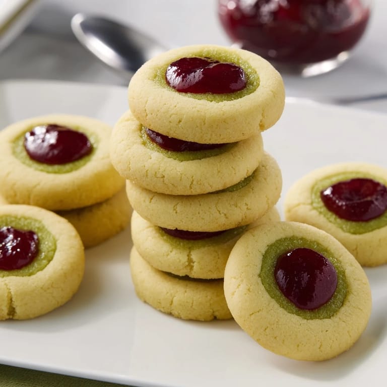 A plate of freshly baked Matcha Cranberry Shortbread Thumbprint Cookies, ready to be enjoyed with tea.