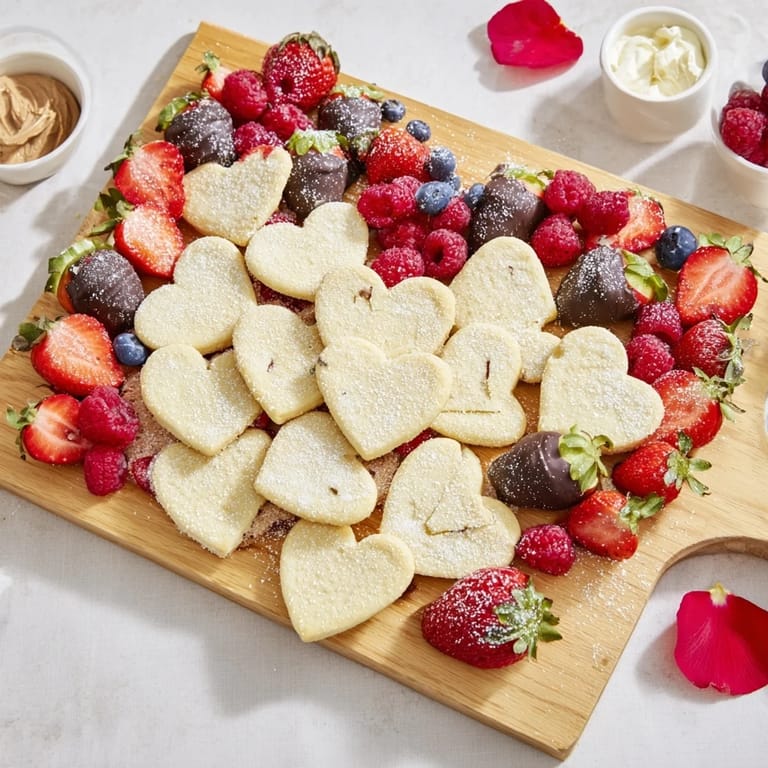 This Love Letter Dessert Board features an arrangement of sweets, from fruit to truffles, ready to serve and enjoy.