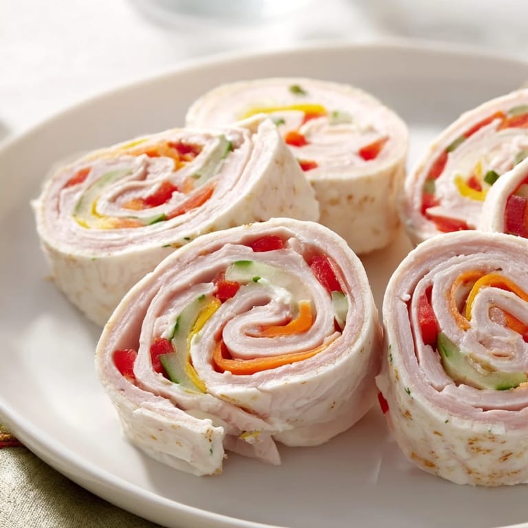 Vivid image of flavorful Smoked Turkey Pinwheels Tree, complete with parsley, tomatoes, and a star.