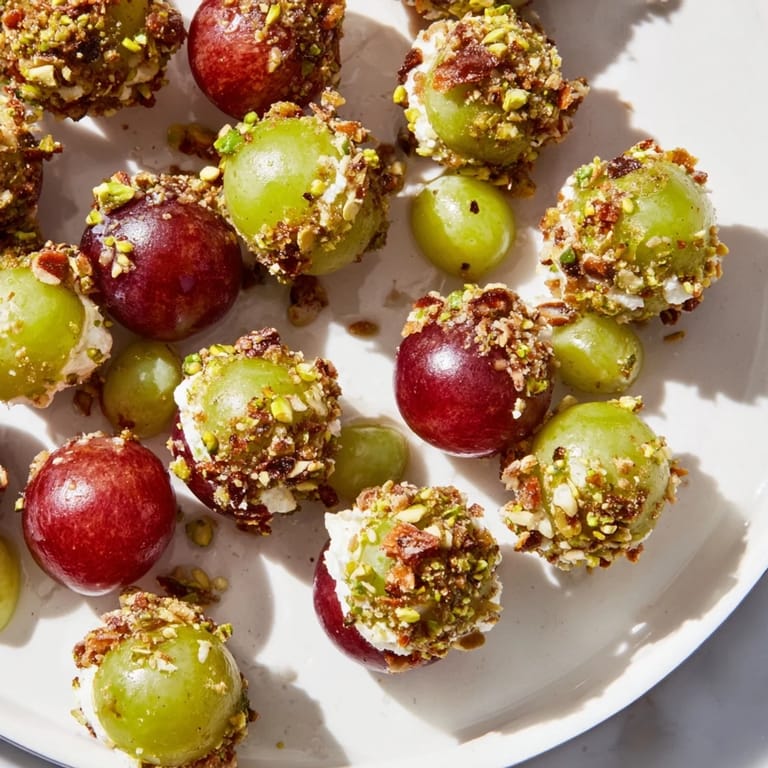 A beautifully arranged Sparkling Grape Cluster appetizer: red and green grapes coated in creamy cheese.