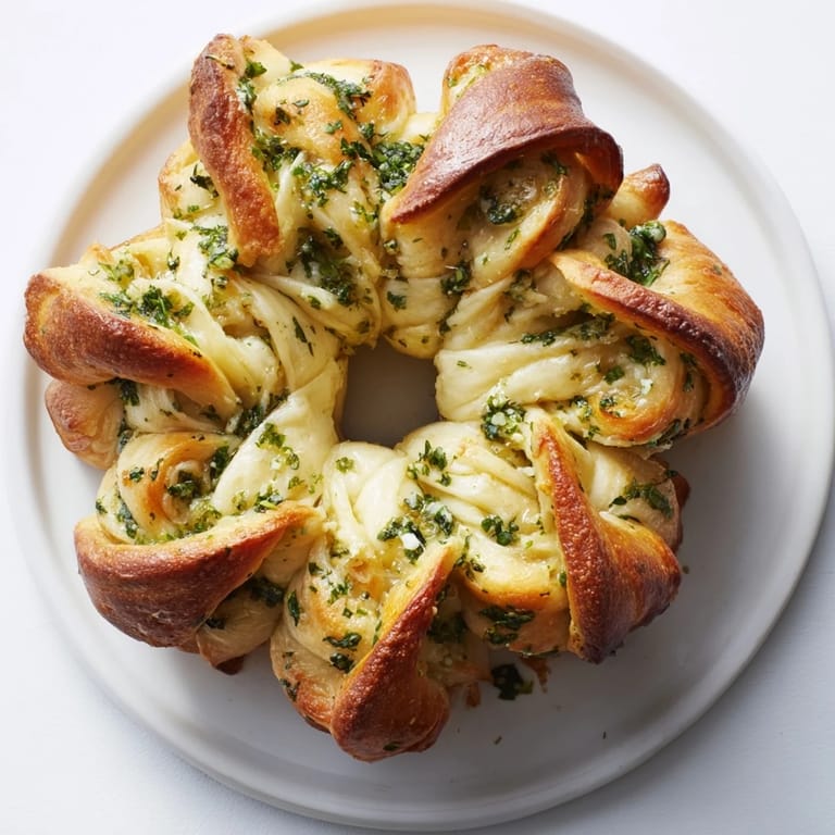 A close up shows the delicious textures of this pull-apart star shaped garlic bread recipe, perfect appetizer.