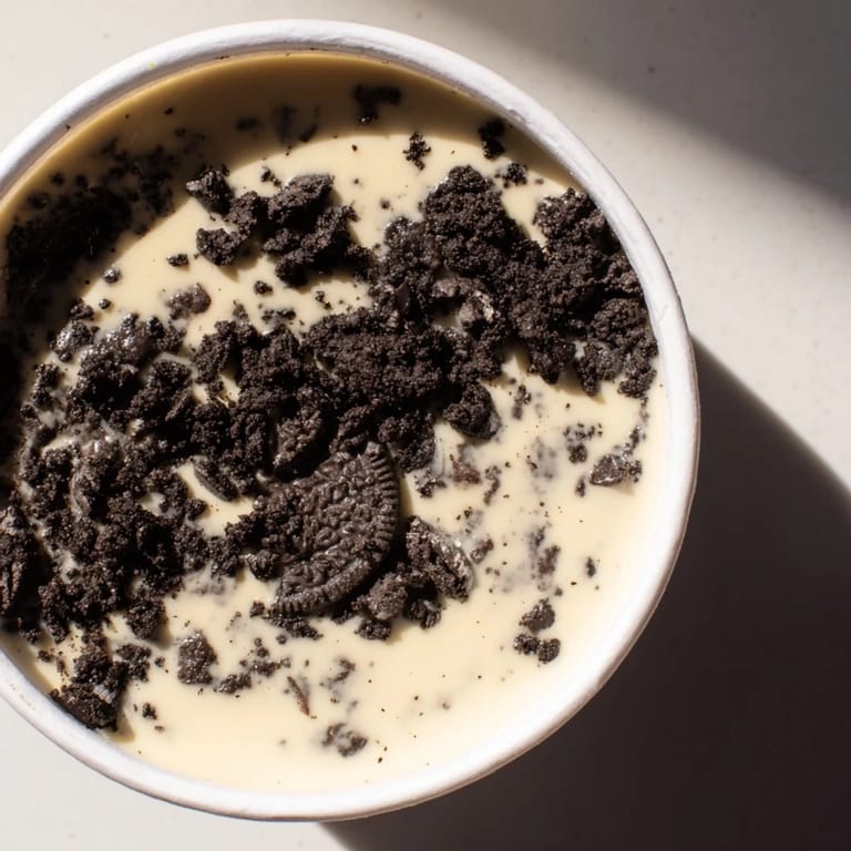 Enjoy a close-up of Vanilla Pudding with crushed Oreos, showcasing the delicious layers topped with cookie crumbles.