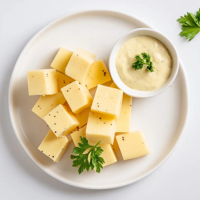 Fresh parsley and grapes complement this cheese platter, highlighting the Gouda with mustard dip.