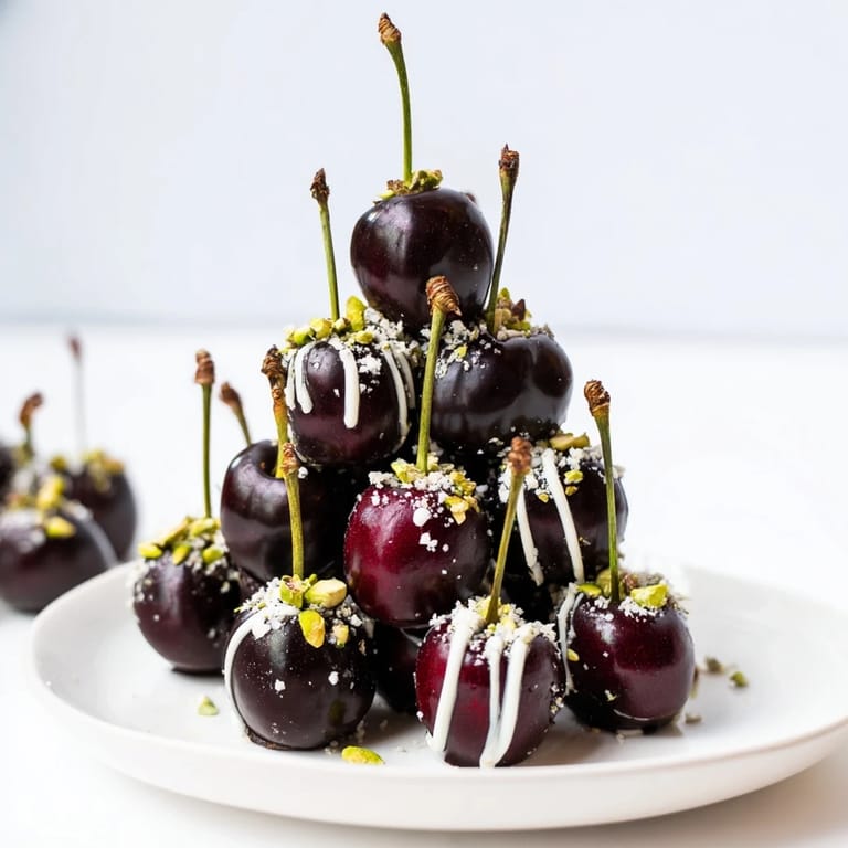Close-up of a chocolate-covered cherry dessert bites pyramid, ideal for a holiday gathering or special event.