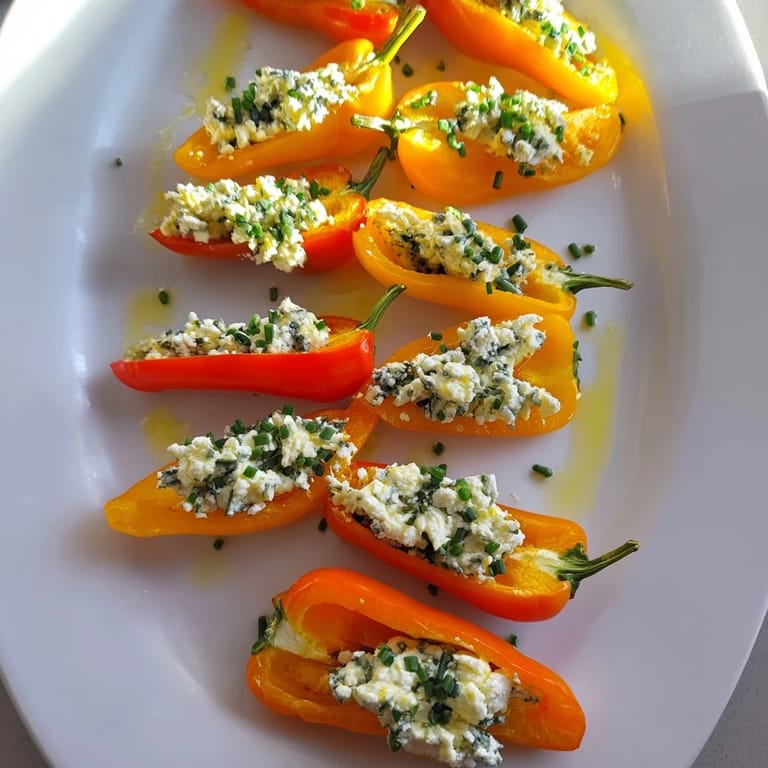 These easy mini bell pepper halves with feta filling showcase a colorful, Mediterranean-inspired dish.