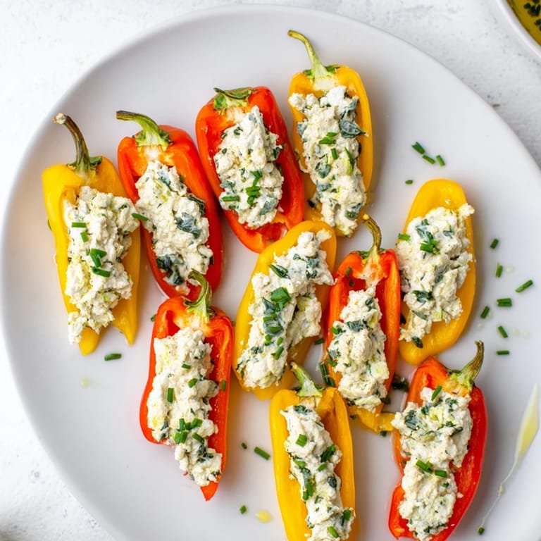 A platter of mini bell pepper halves with feta filling, drizzled with olive oil and chives for serving.