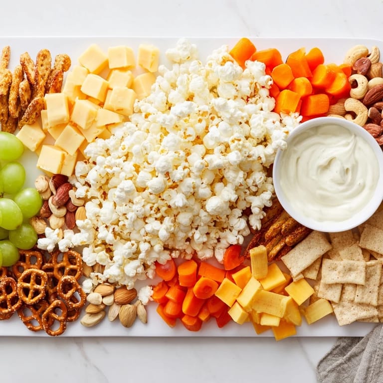 A satisfying Movie Night Munchie Board, layered with savory crackers, cheeses, and grapes for snacking.