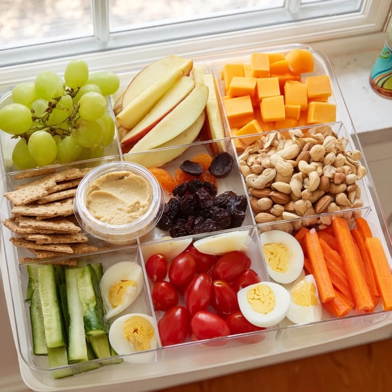 Portable road trip snack box with hard-boiled eggs, hummus, and a variety of easy-to-eat goodies.