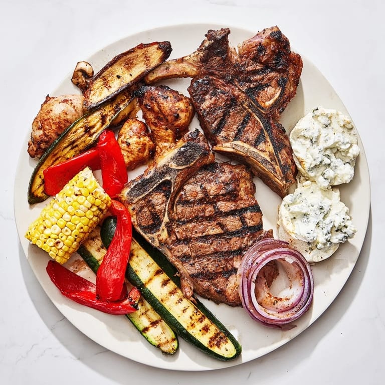 Vibrant Backyard BBQ Companion image: a rustic spread of smoky grilled beef, pork, and chicken with colorful veggies.