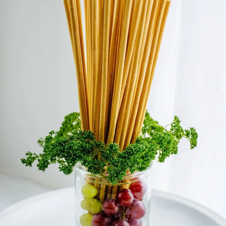 A beautiful view: The Vertical Forest features breadsticks arranged with parsley and bursts of colorful grapes ready to eat.