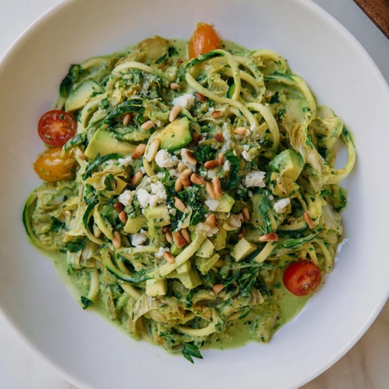 A bowl of Green Goddess Zoodle Pasta, showcasing tender zucchini with a vivid green sauce and toppings.