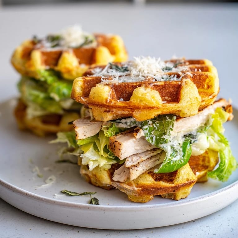 Imagine the crispy waffle exterior of this Chicken Caesar Waffle Sandwich holding flavorful ingredients.