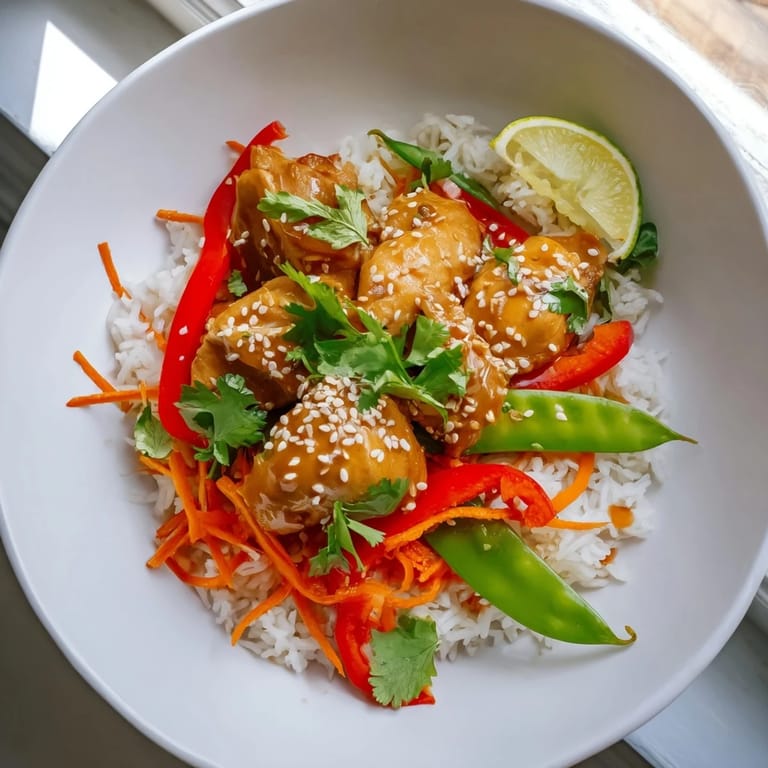 An Asian-inspired Sesame Ginger Rice Bowl, showcasing colorful stir-fried vegetables and glistening chicken.