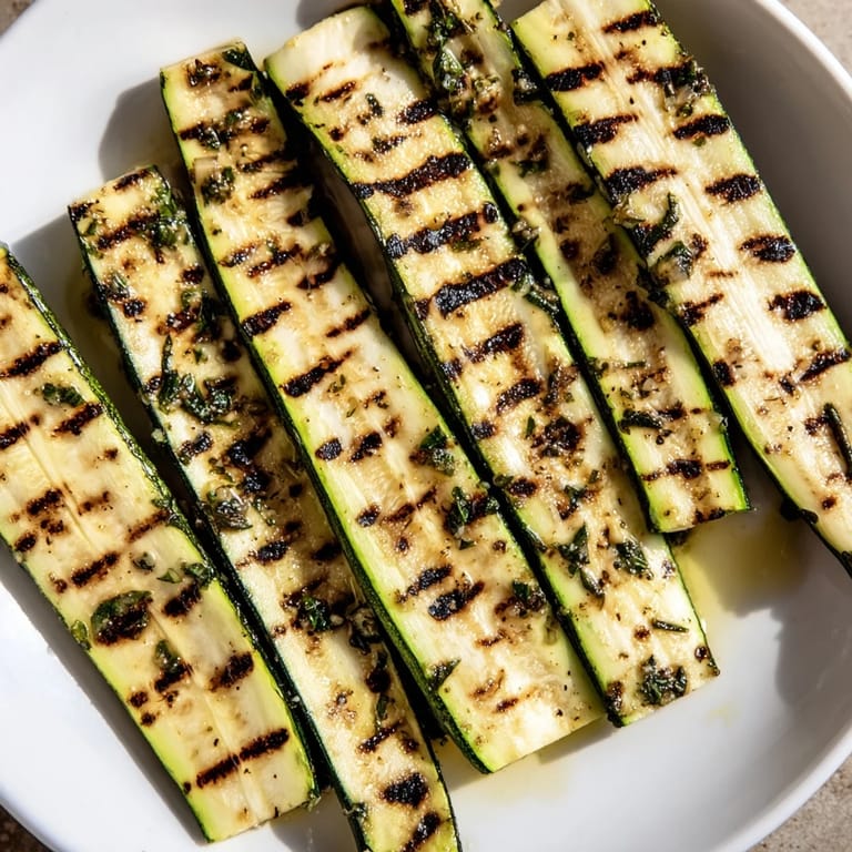 Freshly grilled garlic herb zucchini garnished with herbs, a light and easy side dish.