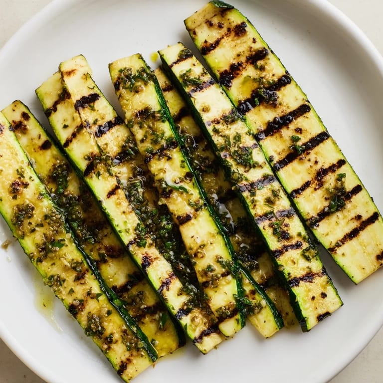 Close-up of vibrant, marinated garlic herb grilled zucchini, a flavorful Mediterranean delight.