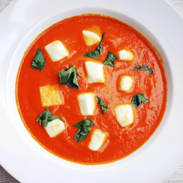 A visually appealing, velvety bowl of creamy tomato mozzarella soup ready to be served hot.