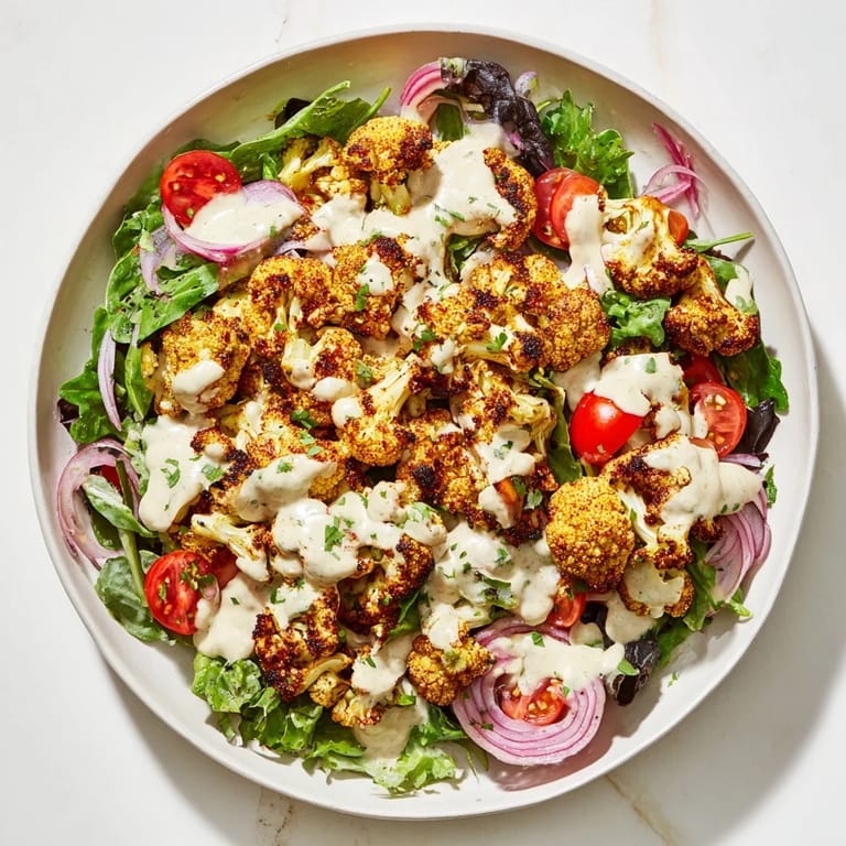 This flavorful Crispy Cauliflower Salad with tahini sauce showcases a mix of textures and deliciousness.