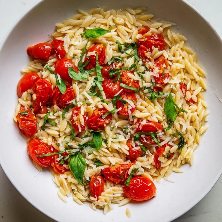 A close-up of delicious Orzo Tomato Parmesan, showcasing the vibrant red tomatoes and cheesy goodness.