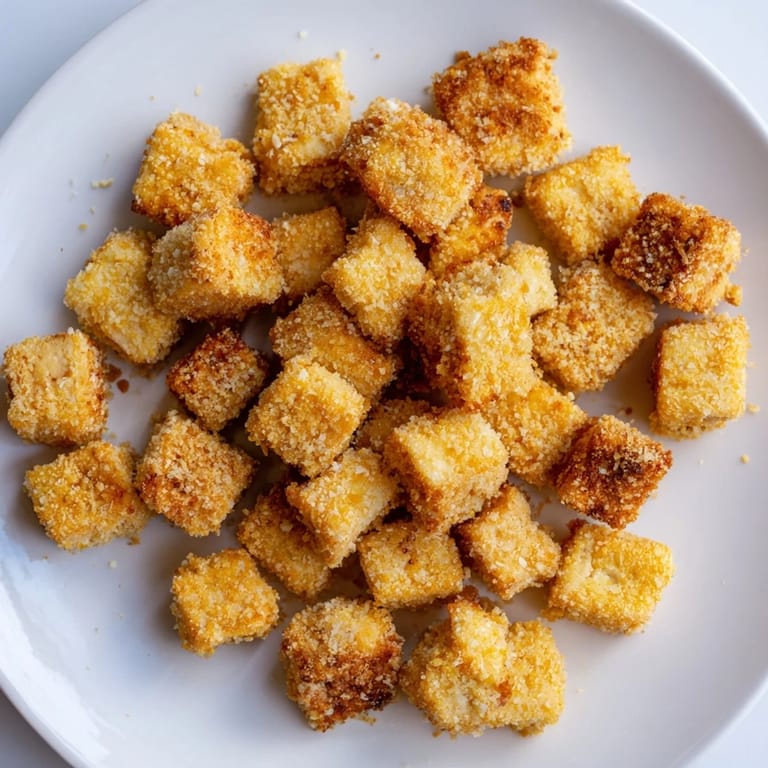 Close-up of crispy tofu nuggets, featuring a golden crust, perfect for a satisfying vegan bite.