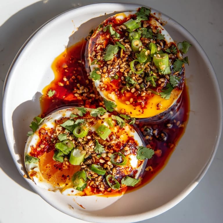 A plate of Chili Oil Eggs with jammy yolks and a bright, flavorful chili oil topping, ready to enjoy.