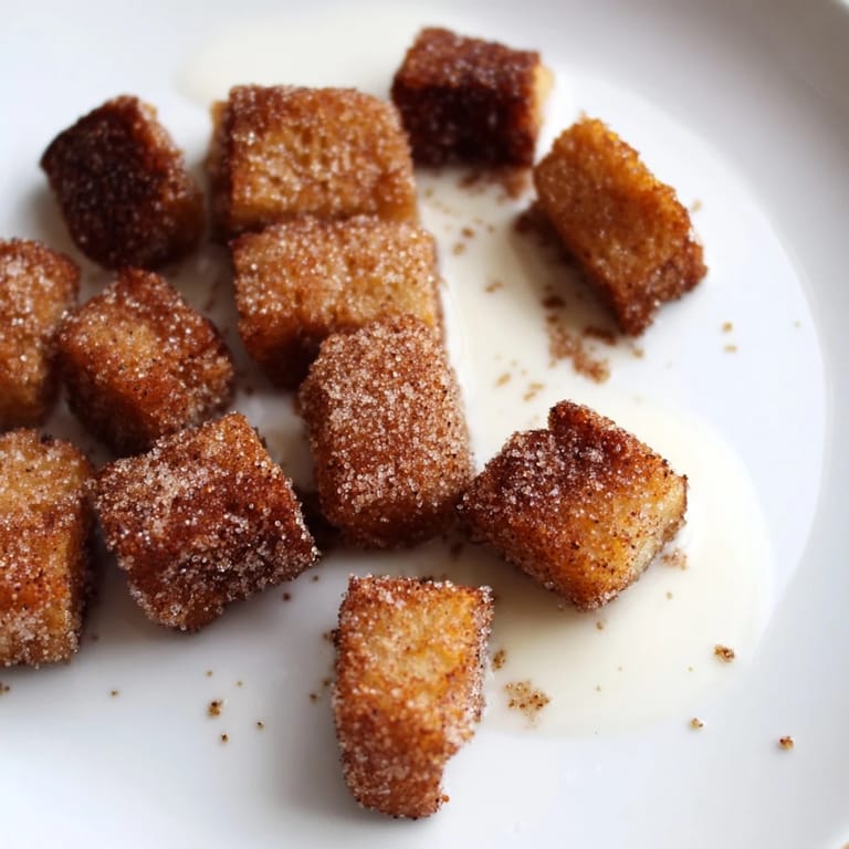Crispy, sweet French Toast Cereal, a breakfast favorite, pictured with a dusting of cinnamon and optional milk.