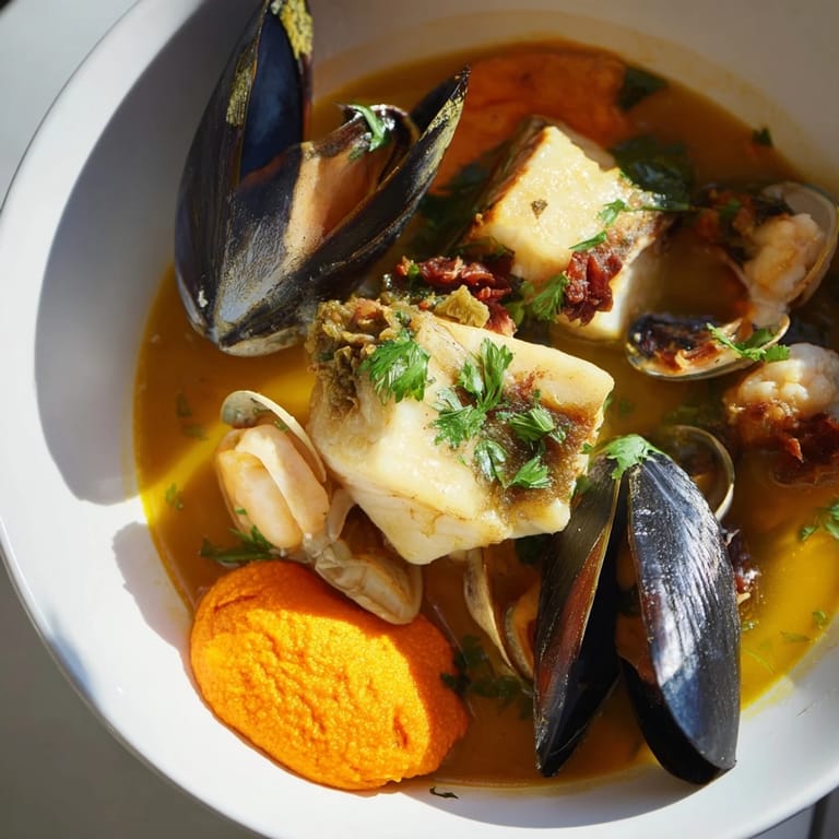 A vibrant bowl of bouillabaisse, showcasing the fresh fish stew's rich broth and perfectly cooked shellfish.